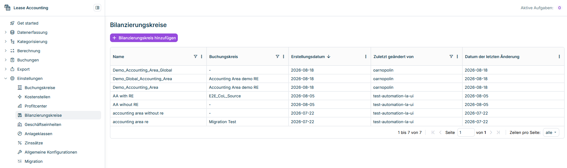 Zeigt den Arbeitsbereich Bilanzierungskreise mit der Tabelle der vorhandenen Bilanzierungskreise und der Schaltfläche Bilanzierungskreis hinzufügen.