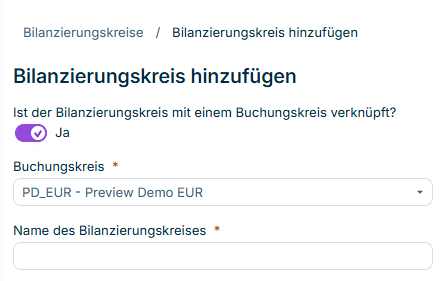 Zeigt den Dialog Bilanzierungskreis hinzufügen mit dem Buchungskreis-Schalter, der Dropdown-Liste für den Buchungskreis und dem Namensfeld.