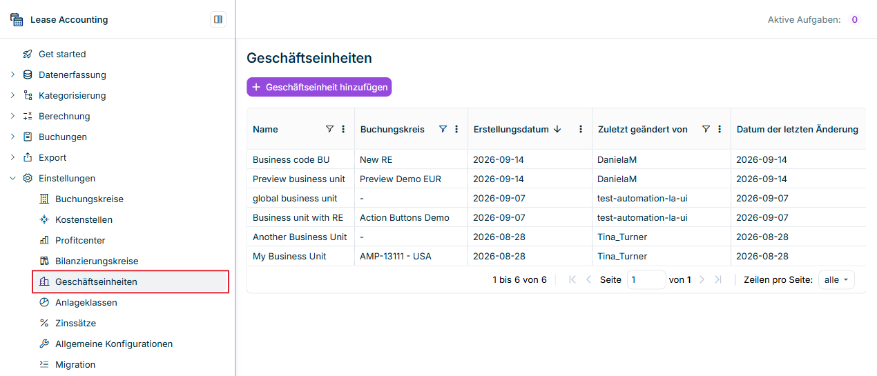 Zeigt den Arbeitsbereich 'Geschäftseinheiten' in Lucanet Lease Accounting mit der Schaltfläche 'Geschäftseinheit hinzufügen' und der Tabelle der vorhandenen Geschäftseinheiten mit den Spalten 'Name', 'Buchungskreis', 'Erstellungsdatum', 'Zuletzt geändert von' und 'Datum der letzten Änderung'. Rot hervorgehoben ist der Eintrag 'Geschäftseinheiten' im Menü 'Einstellungen'.