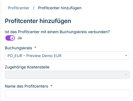 Zeigt den Dialog Profitcenter hinzufügen mit dem Buchungskreis-Schalter, den Dropdown-Listen für Buchungskreis und zugehörige Kostenstelle sowie dem Namensfeld.