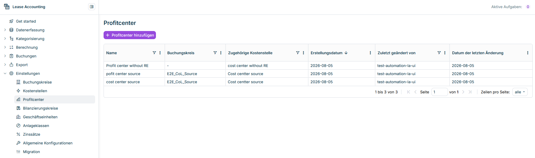 Zeigt den Arbeitsbereich Profitcenter mit der Tabelle der vorhandenen Profitcenter und der Schaltfläche Profitcenter hinzufügen.
