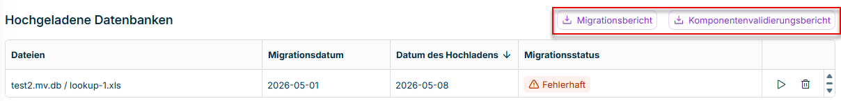 Tabelle 'Hochgeladene Datenbanken' mit dem Migrationsbericht und dem Komponentenvalidierungsbericht