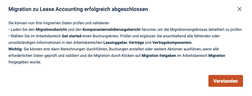 Es wird ein Dialog angezeigt, das bestätigt, dass die Migration erfolgreich abgeschlossen wurde.