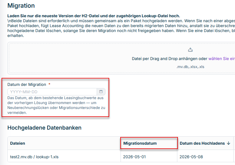 Migrationsdatum im Arbeitsbereich 'Migration' wird angezeigt.