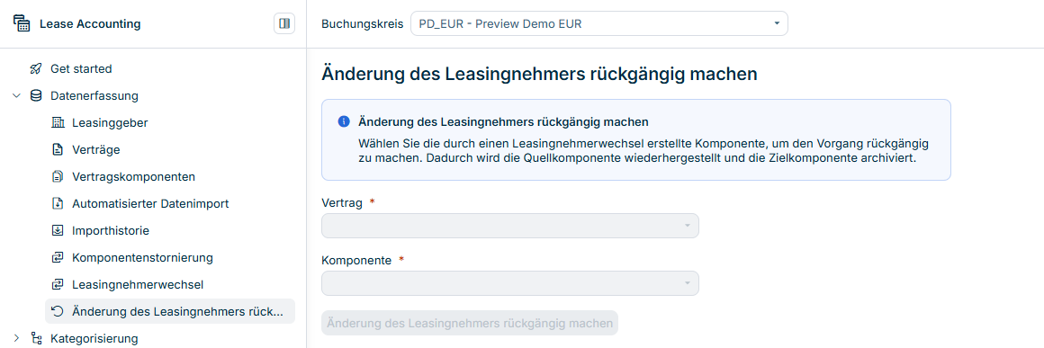 Zeigt den Arbeitsbereich zum Rückgängigmachen eines Leasingnehmerwechsels mit den Dropdown-Listen für Vertrag und Komponente.
