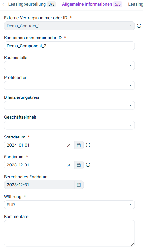 Zeigt den Reiter 'Allgemeine Informationen' einer Vertragskomponente in Lucanet Lease Accounting mit den Feldern 'Externe Vertragsnummer oder ID', 'Komponentennummer oder ID', 'Kostenstelle', 'Profitcenter', 'Bilanzierungskreis', 'Geschäftseinheit', 'Startdatum', 'Enddatum', 'Berechnetes Enddatum', 'Währung' und 'Kommentare'.
