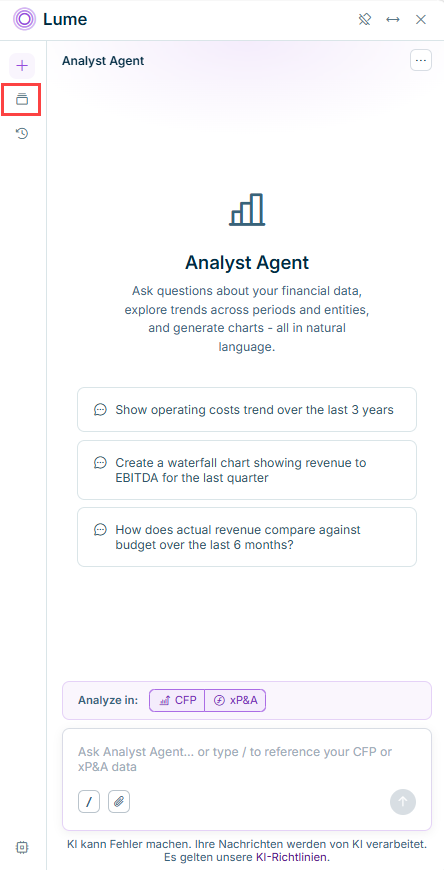 Der Startbildschirm des Analyst Agent in Lume mit seiner Beschreibung, drei Beispiel-Prompts und der Option "Analyze in" mit CFP und xP&A oberhalb des Nachrichtenfelds. Rot hervorgehoben ist das Symbol für den Bereich Agents in der Lume-Seitenleiste.