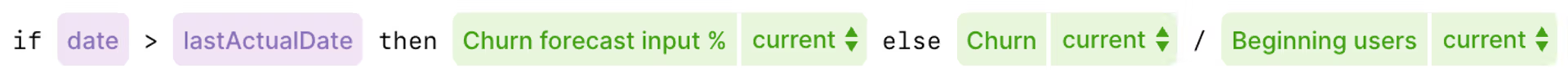 Zeigt eine Formel in Lucanet xP&A: if 'date' > 'lastActualDate' then 'Churn forecast input %' (current) else 'Churn' (current) / 'Beginning users' (current).