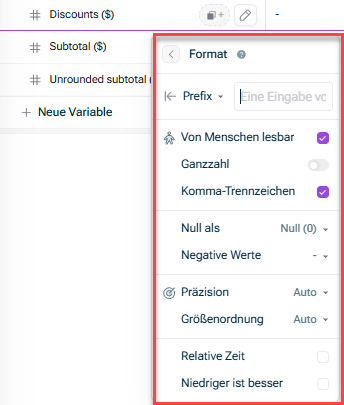 Zeigt das Bedienfeld „Format“ für eine Variable in xP&A, mit den rot hervorgehobenen Optionen „Von Menschen lesbar“, „Komma-Trennzeichen“, „Null als“, „Negative Werte“, „Präzision“, „Größenordnung“, „Relative Zeit“ und „Niedriger ist besser“.