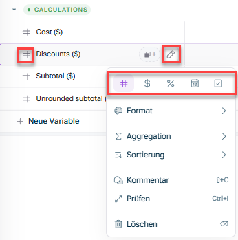 Zeigt die Variablenzeile „Discounts ($)“ in xP&A mit rot hervorgehobenem Bearbeiten-Symbol sowie den rot markierten Format-Typ-Symbolen für Zahl, Währung, Prozent, Datum und Boolean oberhalb der Menüoptionen „Format“, „Aggregation“, „Sortierung“, „Kommentar“, „Prüfen“ und „Löschen“.