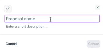 Zeigt den Dialog, der beim Bearbeiten einer Zelle als Datenerfasser angezeigt wird (Benutzeroberfläche auf Englisch), mit dem Feld 'Proposal name' und den Schaltflächen 'Cancel' und 'Create'.