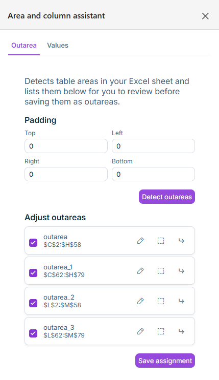 Shows the 'Area and column assistant' task pane with the 'Outarea' tab, the 'Padding' section, and the 'Detect outareas' button.