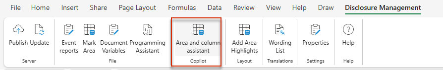 Section of the Excel ribbon with the 'Area and column assistant' button in the 'Copilot' area.