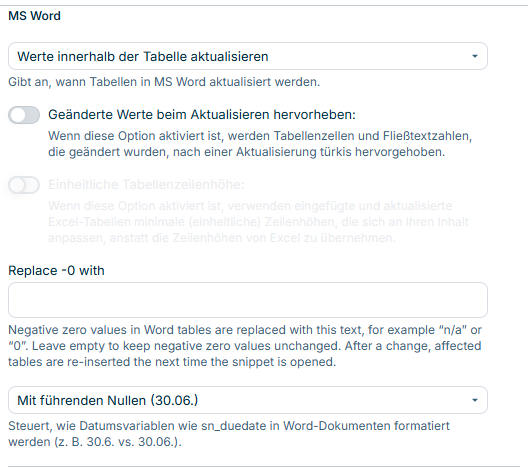 Dialog 'MS Word' mit den Einstellungen für MS-Word-Dokumente