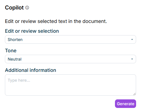 Shows the 'Copilot' task pane in Enhancer mode with the Edit or review selection, Tone, and Additional information fields in Office for the Web.
