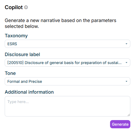 Shows the 'Copilot' task pane in Writer mode with the Taxonomy, Disclosure label, Tone, and Additional information fields in Office for the Web.