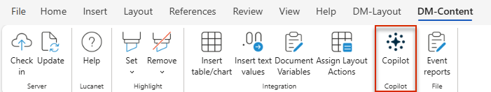 Shows the 'DM-Content' tab of the Word ribbon with the 'Copilot' button in the 'Copilot' area.