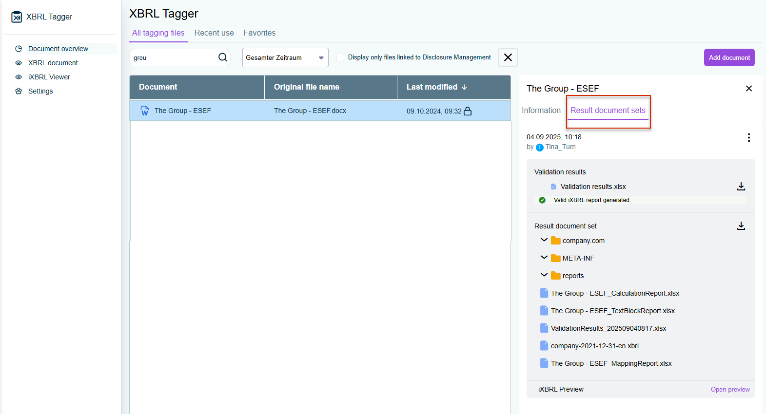 Displaying result documents in the document overview