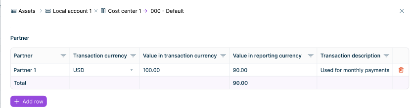 The drill down dialog for a partner row displays the transaction table with one row per transaction and the columns for partner, transaction currency, values, and transaction description.