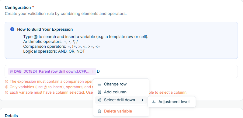 Shows the 'Configuration' section of a regular validation rule in Lucanet Data Collection with the context menu of a variable. The menu contains the options 'Change row', 'Add column', 'Select drill down', and 'Delete variable', and the submenu of 'Select drill down' lists the dimension 'Adjustment level'.