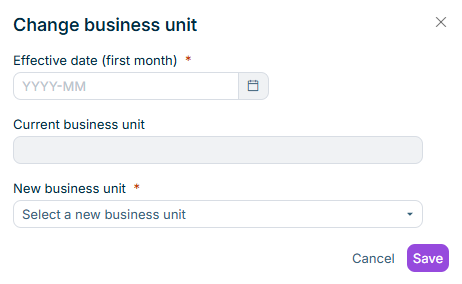 Displays the Change business unit dialog with the effective date, the current business unit, and the drop-down list for the new business unit.