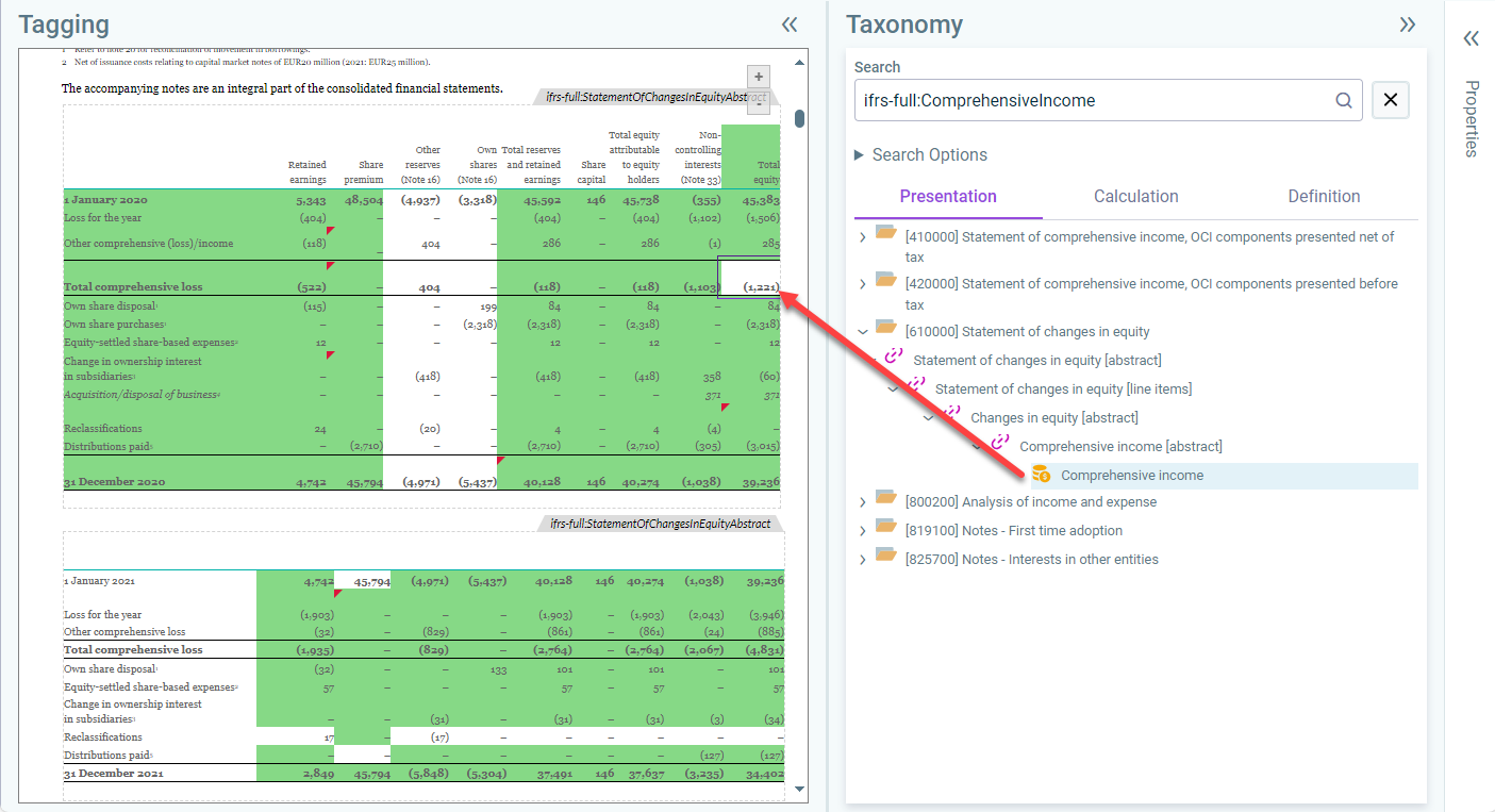 Part of the 'XBRL document' workspace. From the taxonomy, an arrow is displayed from a tag to a value in the table of a Word document.