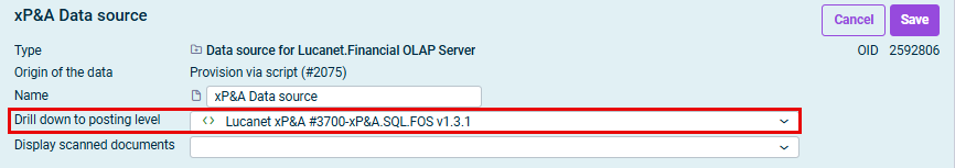 Shows the 'xP&A Data source' properties, with the 'Drill down to posting level' field set to 'Lucanet xP&A #3700-xP&A.SQL.FOS v1.3.1'.