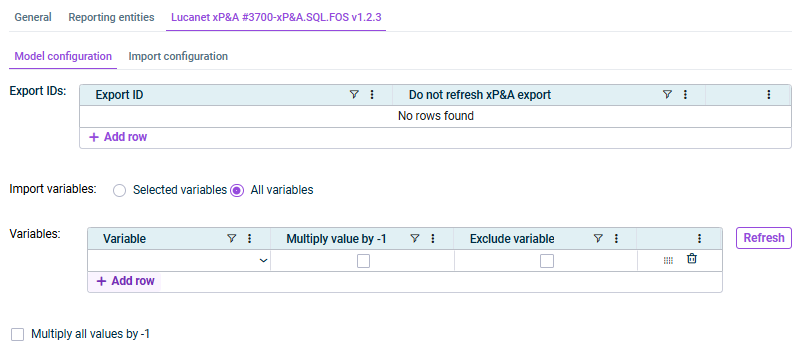 Shows the 'Model configuration' tab, with the 'Export IDs' table, the 'Import variables' option set to 'All variables', the 'Variables' table, and the 'Multiply all values by -1' checkbox.