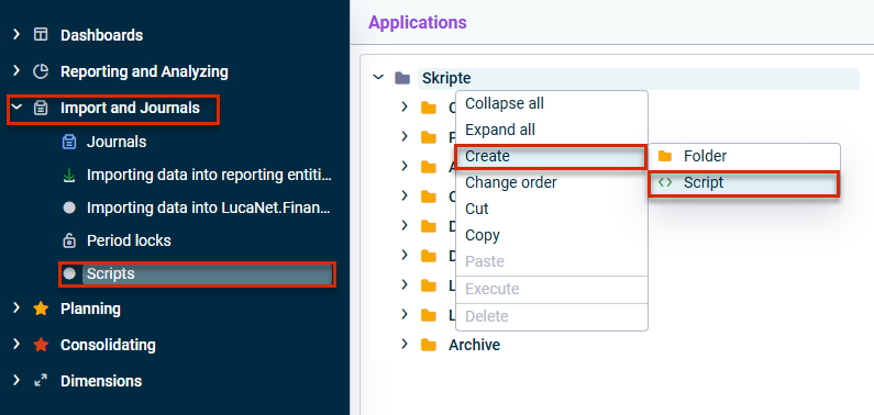 Shows the 'Import and Journals' workspace with the 'Scripts' folder's right-click context menu open. Highlighted in red are the 'Import and Journals' section and the 'Script' option under 'Create'.