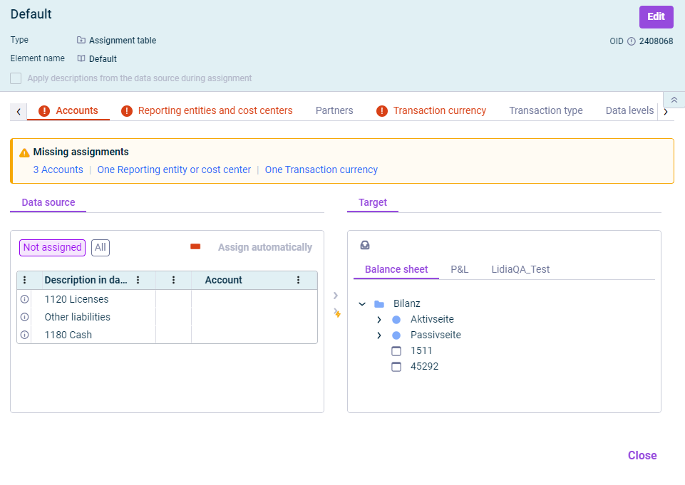Shows the assignment table with tabs for 'Accounts', 'Reporting entities and cost centers', and 'Transaction currency', each flagged with a missing-assignments warning. The 'Data source' side lists unassigned elements and the 'Target' side shows the CFP element tree to assign them to.