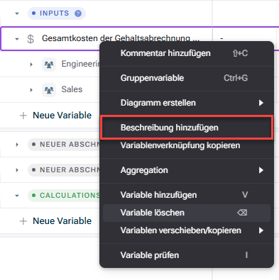 Zeigt das Kontextmenü der Variable „Gesamtkosten der Gehaltsabrechnung“ in Lucanet xP&A mit Optionen wie Kommentar hinzufügen, Gruppenvariable, Diagramm erstellen, Variablenverknüpfung kopieren, Variable löschen, Variablen verschieben/kopieren und Variable prüfen. Rot hervorgehoben ist die Option Beschreibung hinzufügen.