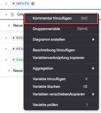 Zeigt das Kontextmenü einer Variable in Lucanet xP&A mit Optionen wie Gruppenvariable, Diagramm erstellen, Beschreibung hinzufügen, Variablenverknüpfung kopieren, Aggregation, Variable hinzufügen, Variable löschen, Variablen verschieben/kopieren und Variable prüfen. Rot hervorgehoben ist die Option Kommentar hinzufügen mit dem Tastaturkürzel Umschalt+C.
