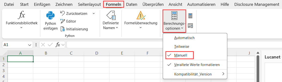 Zeigt das Excel-Ribbon. Geöffnet ist der Reiter 'Formeln. Hervorgehoben ist die Option 'Berechnungsoptionen | Manuell'