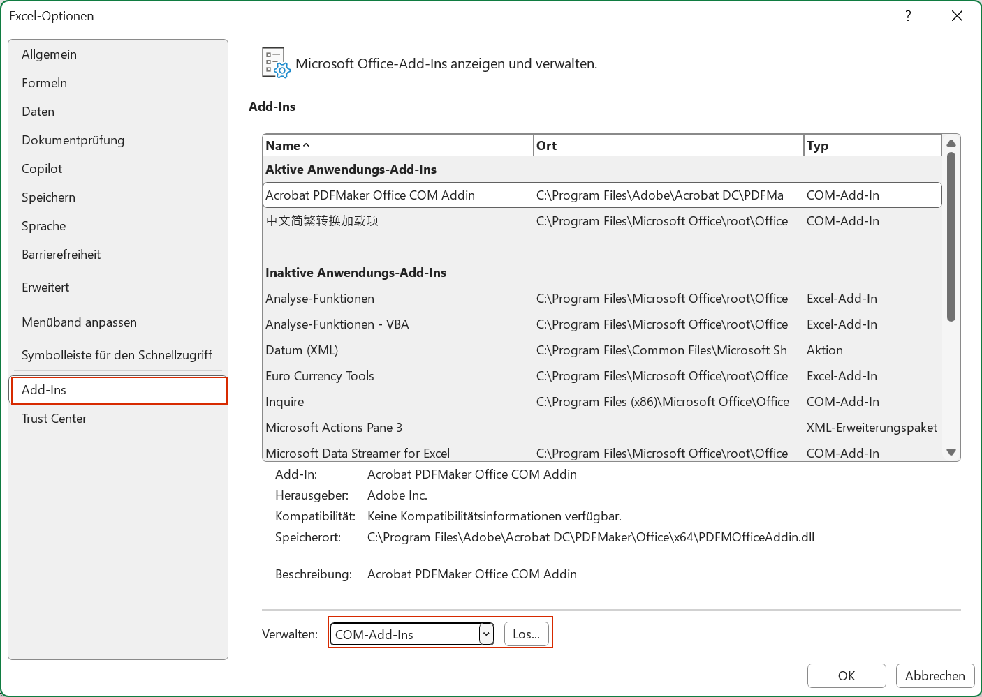 Zeigt den Dialog 'Excel-Optionen' an. Rot hervorgehoben sind der Abschnitt 'Add-Ins' im linken Menü und die Dropdown-Liste 'Verwalten'.