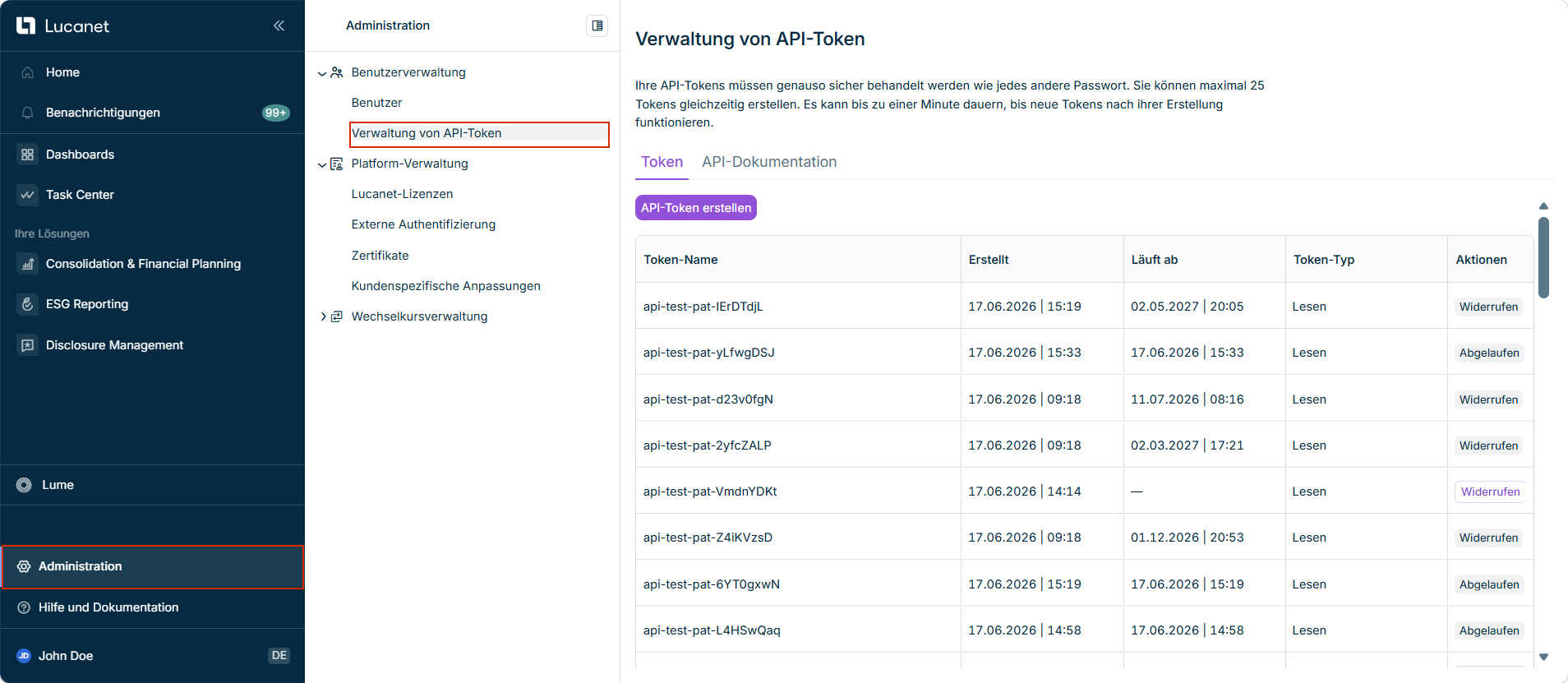 Der Arbeitsbereich 'Verwaltung von API-Token' mit der Liste der API-Token.