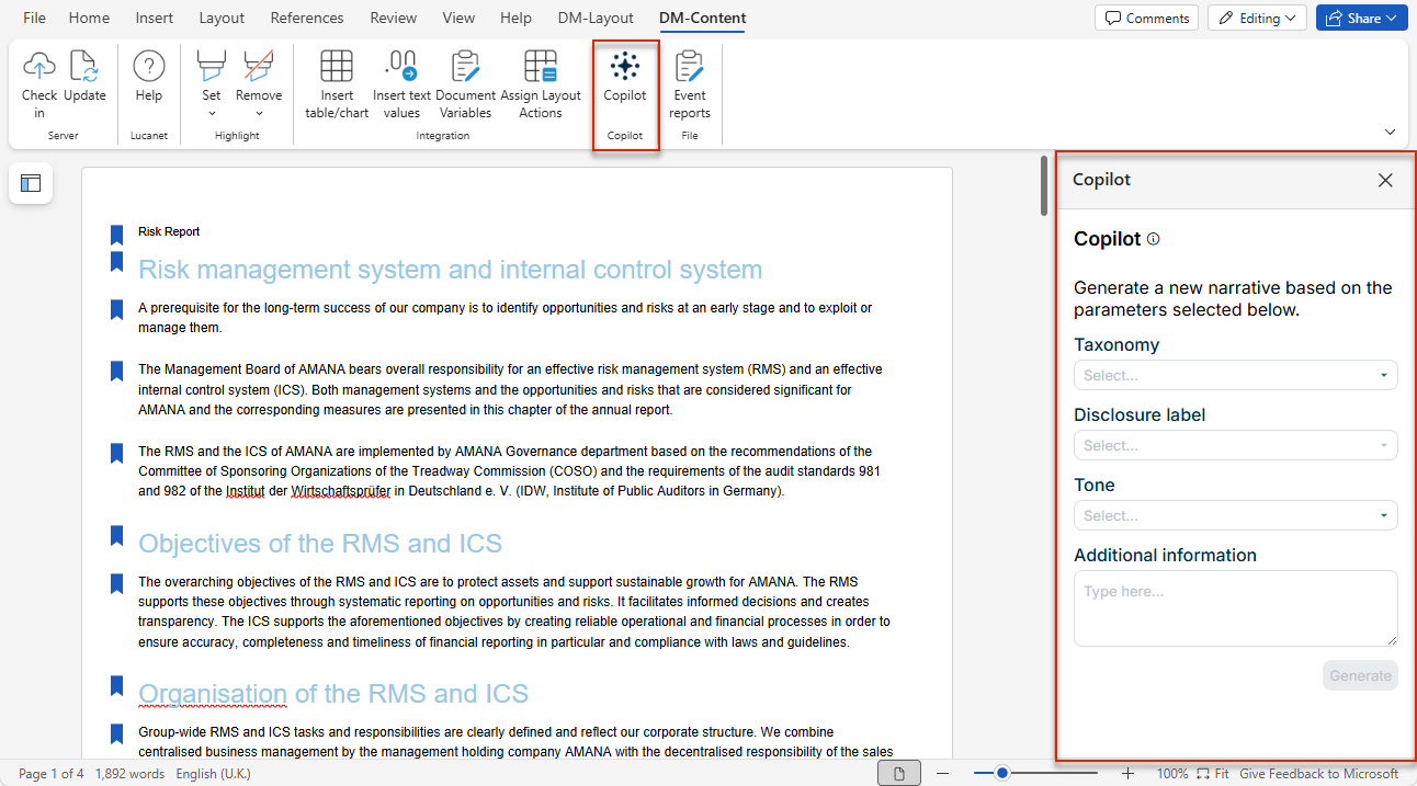 Shows the Copilot task pane with the Taxonomy, Disclosure label, Tone, and Additional information fields on the DM-Content ribbon tab of an MS Word document.