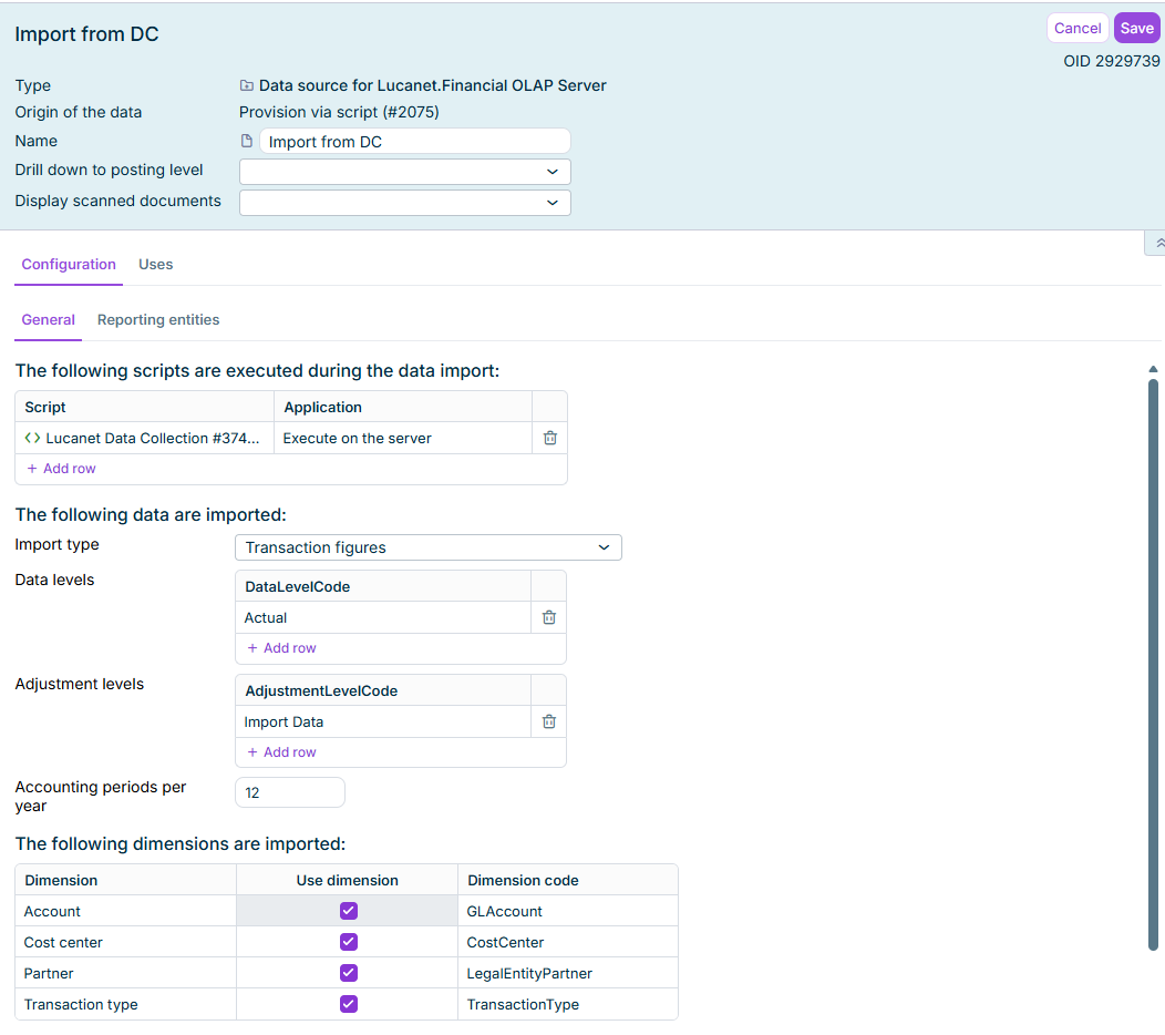 The data source detail view in edit mode displays the script list, the data that is imported, and the dimensions that are imported.