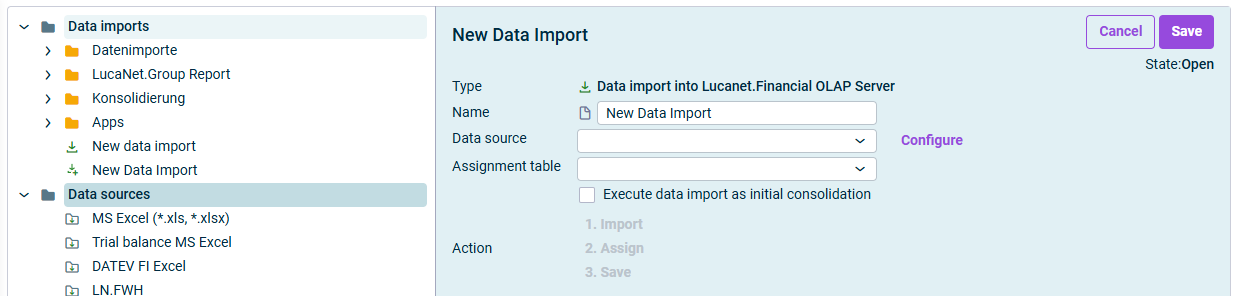 The 'New Data Import' dialog is displayed.