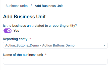 Displays the 'Add Business Unit' dialog in Lucanet Lease Accounting with the toggle 'Is the business unit related to a reporting entity?' set to 'Yes', the 'Reporting entity' drop-down list, and the 'Name of the business unit' field.