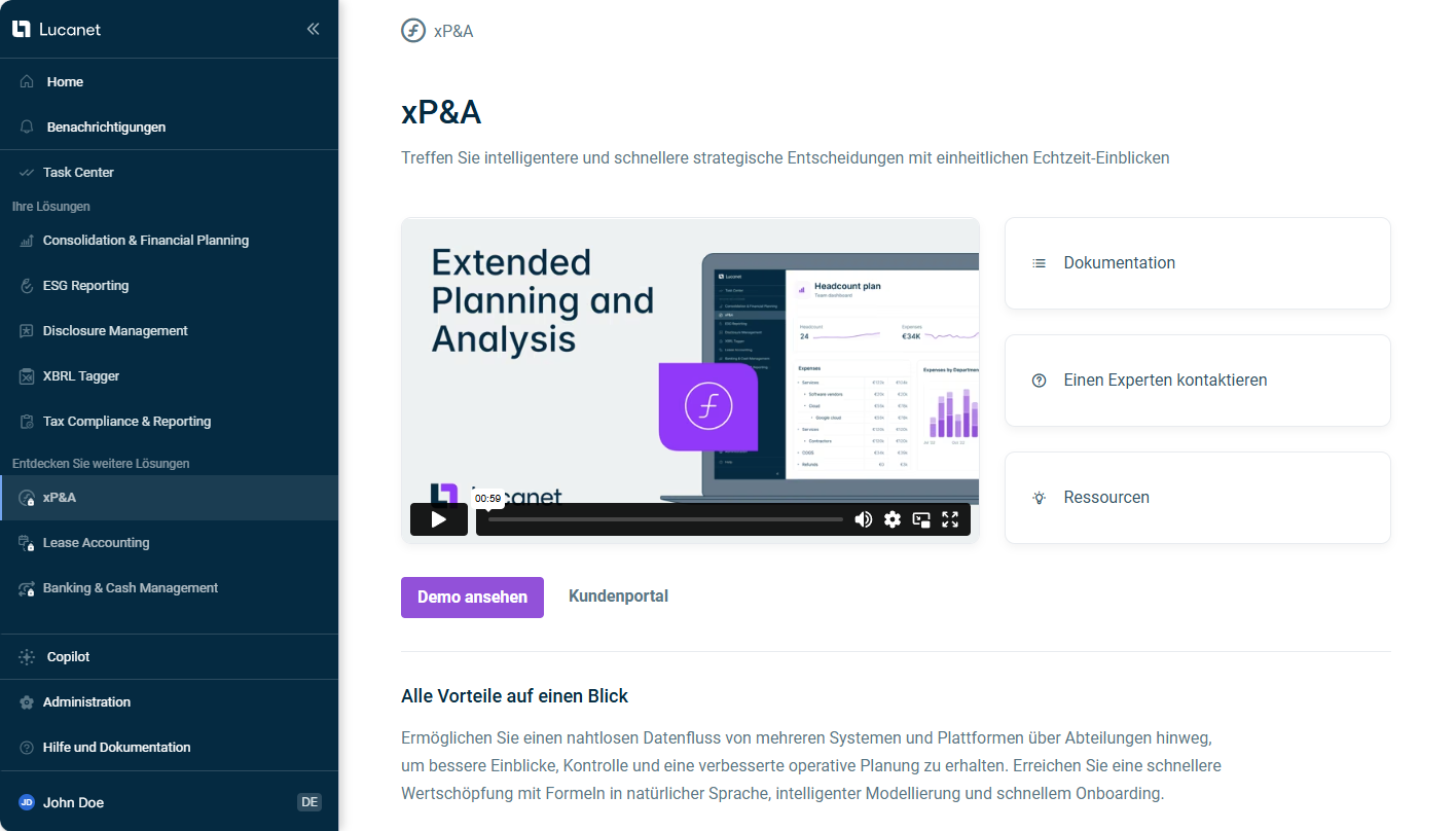 Beispiel-Demoseite für xP&A, die aus dem Bereich 'Entdecken Sie weitere Lösungen' angezeigt wird