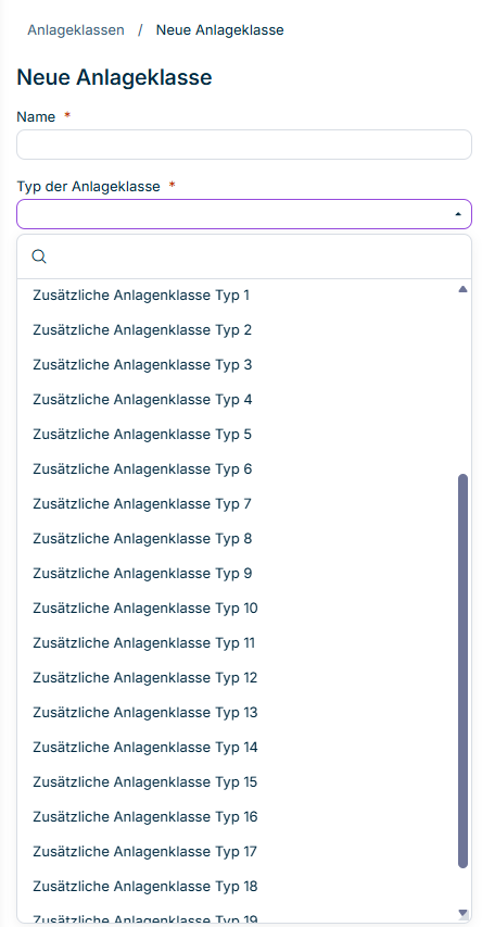 Zeigt die Dropdown-Liste Typ der Anlageklasse mit den zusätzlichen Anlageklassentypen.