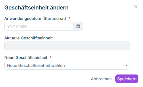 Zeigt den Dialog Geschäftseinheit ändern mit dem Anwendungsdatum, der aktuellen Geschäftseinheit und der Dropdown-Liste für die neue Geschäftseinheit an.
