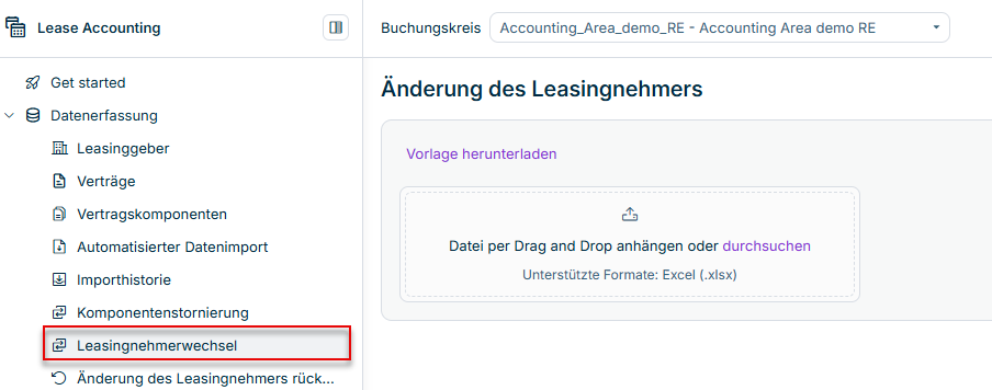 Zeigt den Arbeitsbereich Leasingnehmerwechsel mit dem Download der Vorlage und dem Bereich zum Hochladen der Datei.