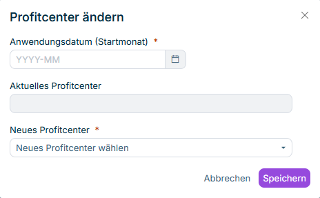 Zeigt den Dialog Profitcenter ändern mit dem aktuellen Profitcenter, der Dropdown-Liste für das neue Profitcenter und dem Anwendungsdatum.