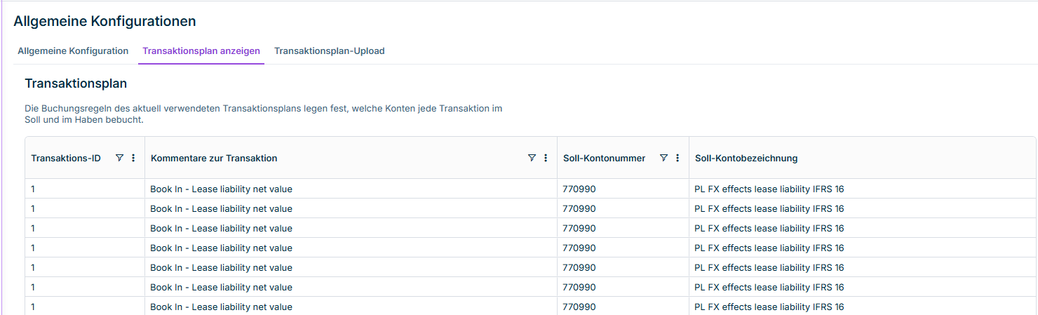 Zeigt den Reiter 'Transaktionsplan anzeigen' im Arbeitsbereich 'Allgemeine Konfigurationen' in Lucanet Lease Accounting mit der Tabelle der Buchungsregeln und den Spalten 'Transaktions-ID', 'Kommentare zur Transaktion', 'Soll-Kontonummer' und 'Soll-Kontobezeichnung' an.