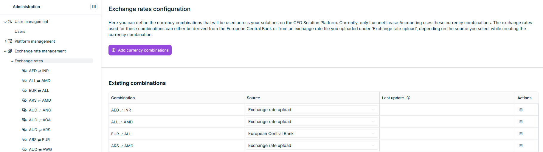 The Exchange rates configuration workspace lists every currency combination together with its source and last update.
