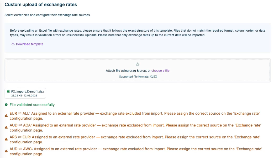 The validation summary lists the issues detected in the uploaded file. Hard errors are skipped on Extract data, while warnings let you proceed.