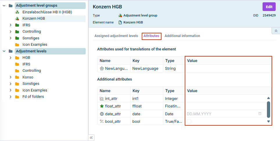 Shows the ‘Attributes’ tab. The name of the tab and the column in which the attributes can be edited are highlighted.