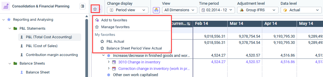 Displays the dimensions bar for a ledger. The star icon in the upper-left corner and the expanded favorites menu are highlighted in red.