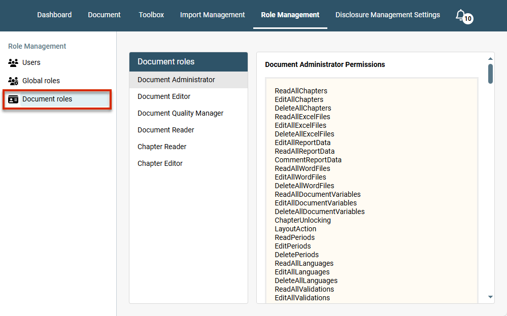 Displays the workspace ‘Document roles'